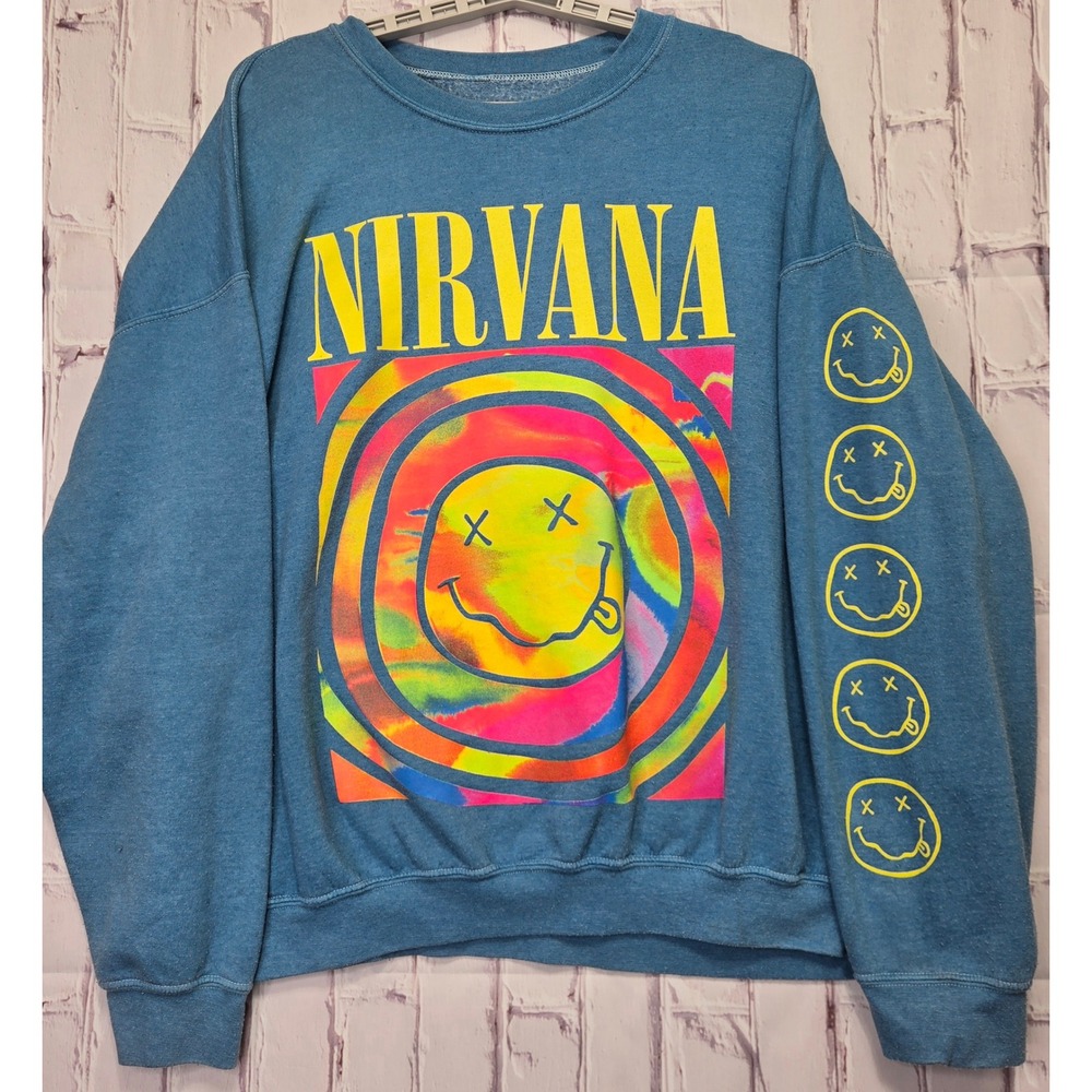 Nirvana Sweatshirt Blue Graphic Smiley Face Tie Dye Grunge Mens Large